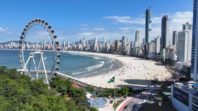 Camboriu Skyline In Balneario Camboriu Santa Catarina Brazil. Breathtaking Aerial View Of A Lush Tropical Coastline Scenery. Business Sky Downtown Cityscape. Business Panoramic City.