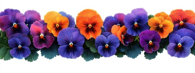 A vibrant border of pansy flowers in purple, orange, and blue hues with dark green leaves on a white background, evoking a cheerful and lively mood