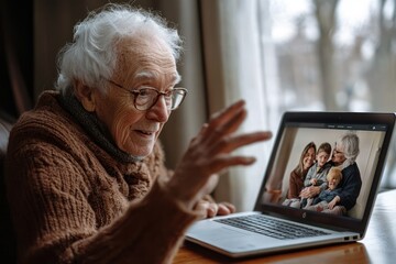 Elderly woman wearing glasses and a brown sweater smiling and waving while video chatting with a family of three on a laptop indoors near a window