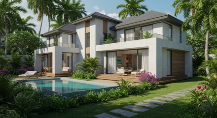 Fototapeta premium Tropical Modern Villa with Pool - Luxurious modern villa nestled amongst lush tropical landscaping, featuring a private pool and expansive outdoor living spaces
