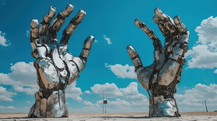Obraz premium Giant Robotic Hands Reaching Upward Under Bright Blue Sky