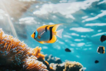Obraz premium Colorful tropical fish glides gracefully near vibrant coral in clear blue waters, Colorful tropical fish swims near coral in clear blue water