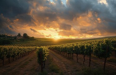 Fototapeta premium sunset over a vineyard with rows of grapevines under a dramatic cloudy sky near rural buildings
