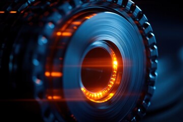 Close-up of a glowing mechanical gear with blue and orange lighting creating a futuristic and dynamic industrial vibe