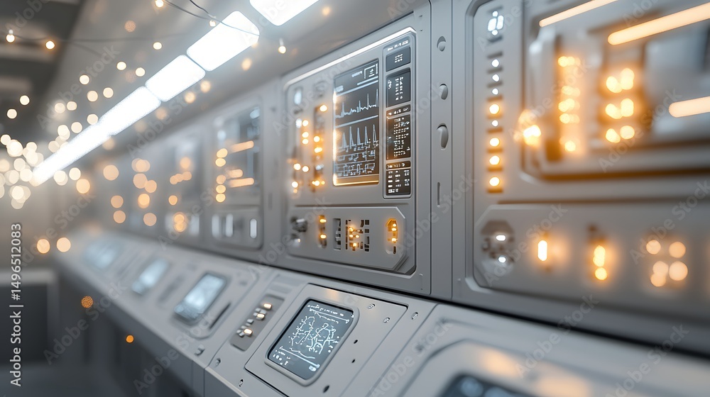 Poster futuristic control panel array in a spaceship interior.