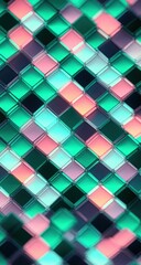 Close-up of illuminated glass cubes arranged in a grid pattern with vibrant teal, pink, purple, and blue hues creating a futuristic and dynamic abstract design