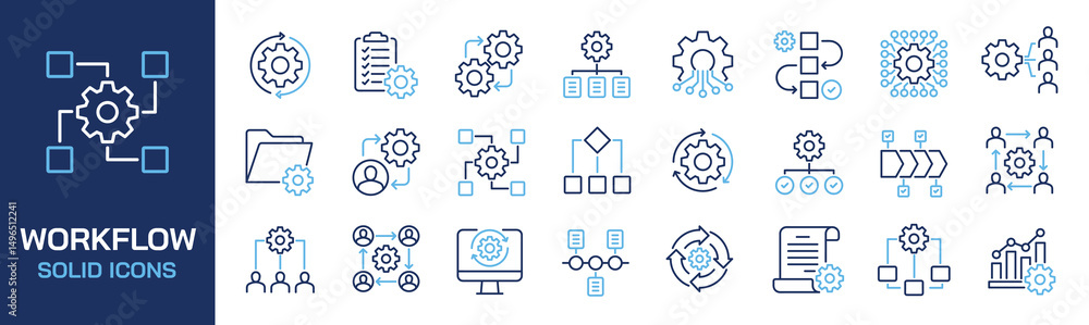 Poster set of collection line icons related workflow, optimization, processing. editable stroke. perfect pi
