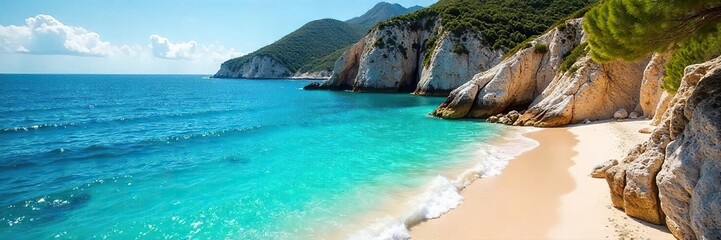 Fototapeta premium Serene turquoise lagoon waters gently lapping a secluded European shore Sun-drenched beach, dramatic cliffs, and tranquil atmosphere Ideal for travel and vacation brochures , turquoise, beautiful