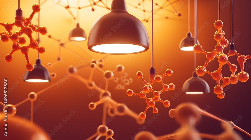 Poster illuminated network of hanging lights and molecular structures.