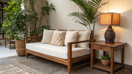 Cozy Outdoor Patio with Wooden Sofa, Cushions, Plants, and Warm Lamp Lighting