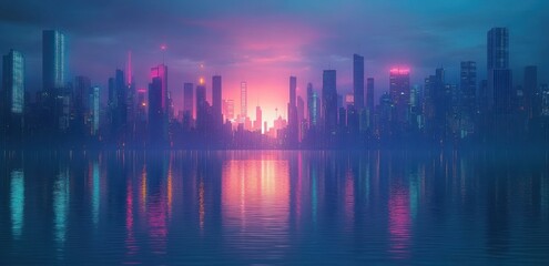 Futuristic city skyline at dusk with glowing pink and blue lights reflecting on calm water, evoking a serene yet vibrant atmosphere