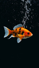 Vibrant Orange and Black Spotted Fish Swimming with Bubbles on Dark Background