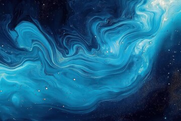 Abstract swirling blue and black liquid patterns with white speckles evoking a cosmic or underwater scene full of fluid movement and depth