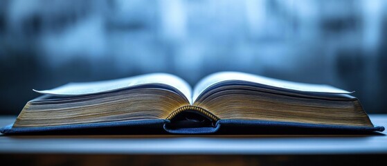 Close-up of an open book with yellowed pages resting on a wooden surface against a blurred dark blue background, evoking a sense of knowledge and calm