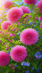 Vibrant Pink Magenta Floral Arrangement with Green Leaves on Blurred Background