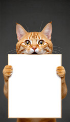 Surprised Cat Holding Blank Signboard with Playful Expression on Gray Background