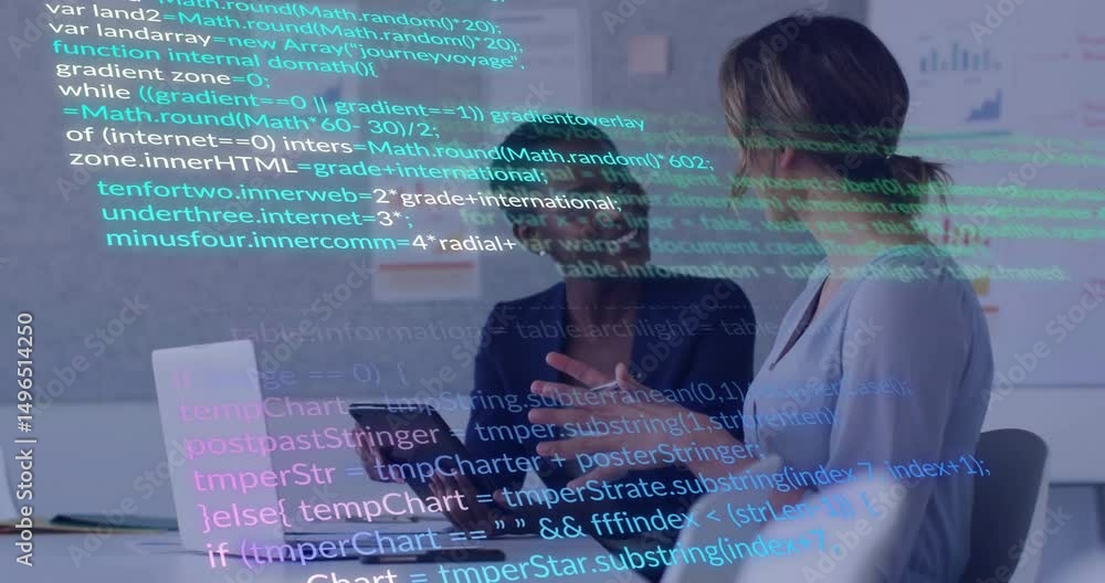 Poster programming code starting scrolling in tech meeting as co-workers analyzing data from laptop tablet