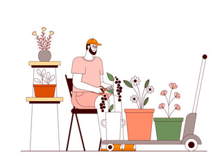 Florist cutting dry plants. Florist illustration. Flat outline vector illustration concept.	