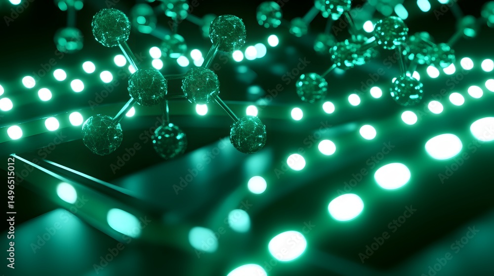 Poster complex molecular structure illuminated by teal lights.