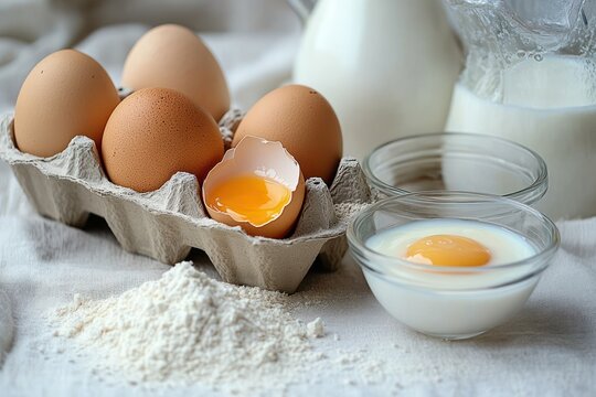 Fresh brown eggs in a carton with one cracked egg showing yolk, bowls with eggs and milk, powdery flour on a soft cloth background