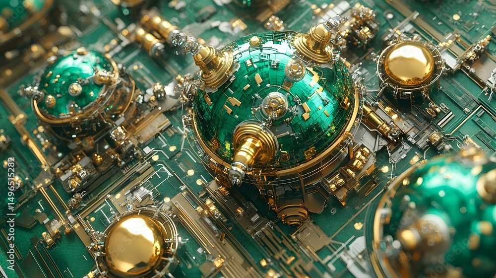Poster Intricate metallic structures on a circuit board design.