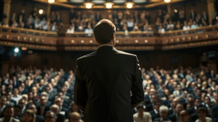 A leader giving a speech while standing out in front of a large audience