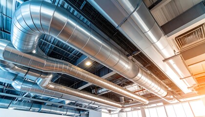 Modern HVAC System Industrial Pipes  Ducts on Ceiling with Blue Tones.