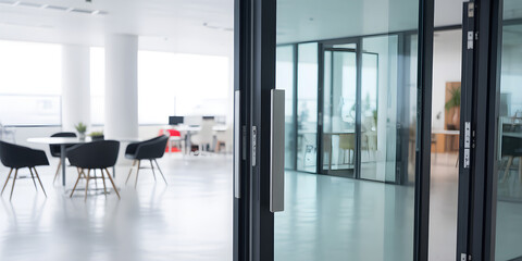Modern Office Interior with Glass Partition and Minimalist Furniture in Natural Light