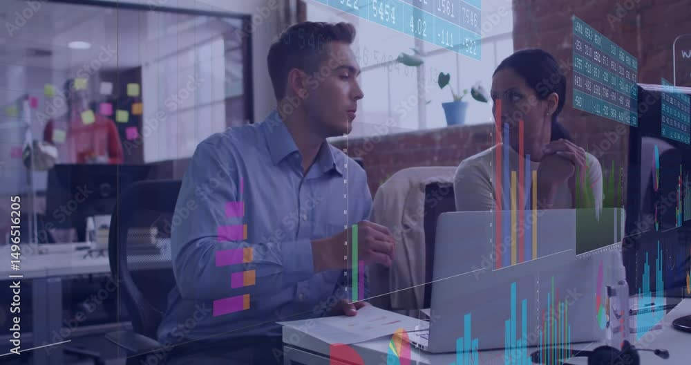 Poster man picking report and pointing graph while coworker typing on laptop analyzing business overlays