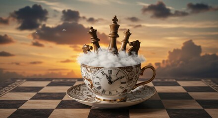 Surreal Chess Game Conceptual Art with Chess Pieces Erupting from a Teacup Featuring a Clock Face on a Chessboard at Sunset, Chess, Chessboard, Teacup, Clock, Time