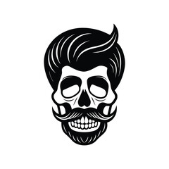 Artistic black and white illustration of a skull with styled hair and a detailed mustache