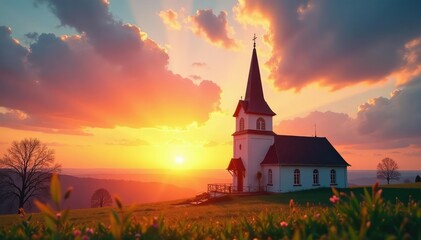 Fototapeta premium Joyful Easter sunrise over a traditional church steeple , vibrant, church, divine