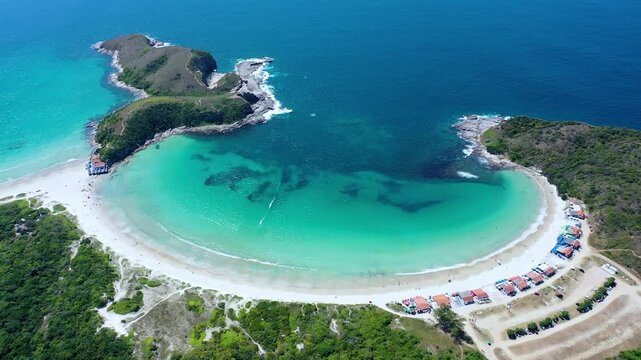 Winding Beach In Cabo Frio Rio De Janeiro Brazil. Bird Eye View Of A Amazing Coastal Beach In The Summer Holiday. Paradise Landscape Recreation Beautiful. Paradise Summertime.