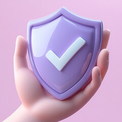 3d illustration of a hand holding a purple shield with a white checkmark on a pink background representing security and protection