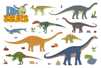 Cartoon dinosaur and dino animals characters with prehistoric jungle plants and jurassic volcano rocks. Vector cute giant aragosaurus, aegyptosaurus and amygdalodon dinosaurs and baby dino in egg