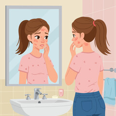 Fototapeta premium Girl Examining Skin Condition in Mirror with Worried Expression