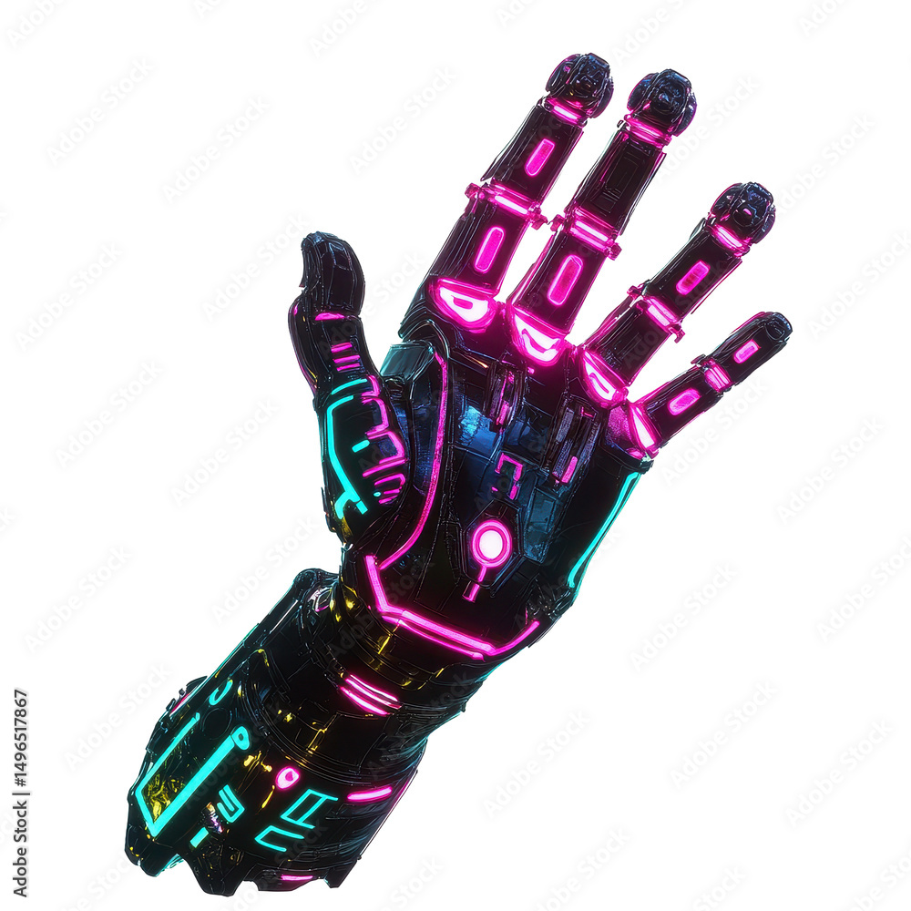 Aufkleber mechanical arm illuminated with dark neon lights showcasing intricate design features, mechanical ar