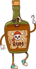 Rum drink bottle pirate groovy cheerful character. Bar distilled booze cheerful retro vector mascot, alcohol drink happy groovy personage. Rum bottle pirate with hook and eye patch funny character
