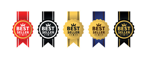 Best Seller Ribbon Emblems – Premium Award Medal, Top Rated Product Badge, Gold & Red Bestseller Seal, Sales Achievement Label, E-commerce Promo Icon, Retail Success Marker