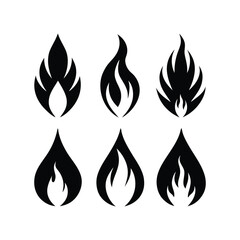 Collection of six stylized black flame vector icons for design and decoration purposes