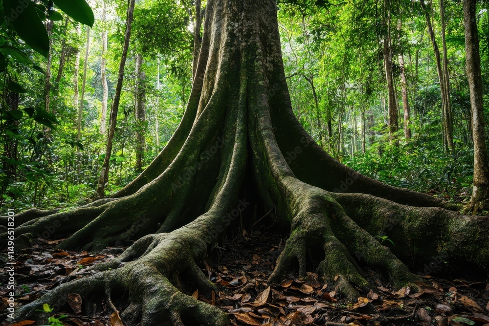 Poster majestic tree trunk with sprawling roots in a dense jungle forest, huge tree trunk with big roots ju