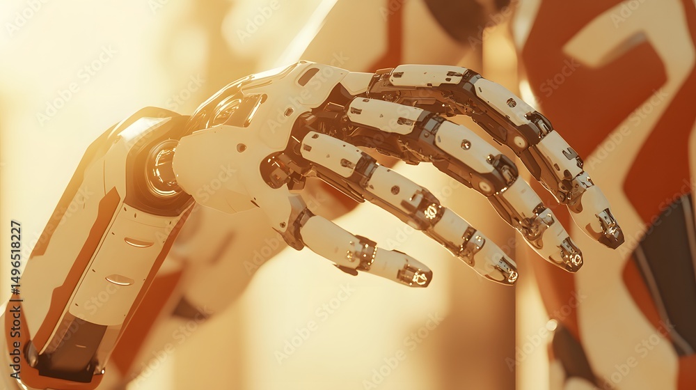 Poster close-up view of a futuristic robotic arm in motion.