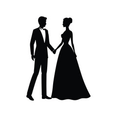 Fototapeta premium Elegant silhouette of bride and groom holding hands on their wedding day