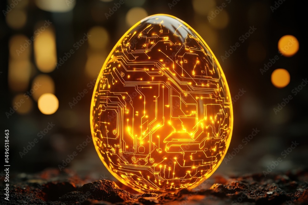 Poster glowing egg with intricate circuit design illuminating a dark background, digital art of a glowing e