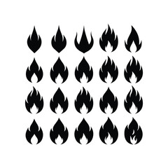 Set of fire icons in black color representing different shapes and styles on white background