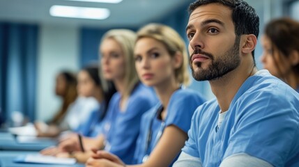 Medical staff wearing scrubs focused on health and safety presentation in modern hospital conference room showing healthcare professionals during mandatory training session