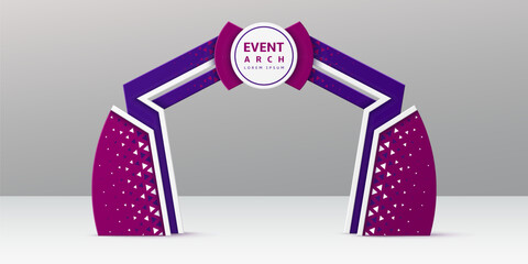 Exhibition purple and blue event arch or gate entrance with welcome sign, vector mockup template. Event arch and entry gate in modern trendy creative design for sport marathon or exhibition entrance