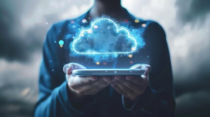 Businessman's hand holding digital tablet with cloud data graphic technology concept.