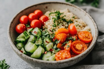 Quinoa bowl with cherry tomatoes cucumber and parsley