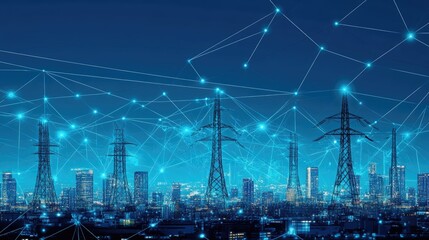 Smart city skyline at night, power grid interconnected with glowing nodes